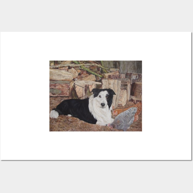 border collie in log shed with chickens dog portrait Wall Art by pollywolly